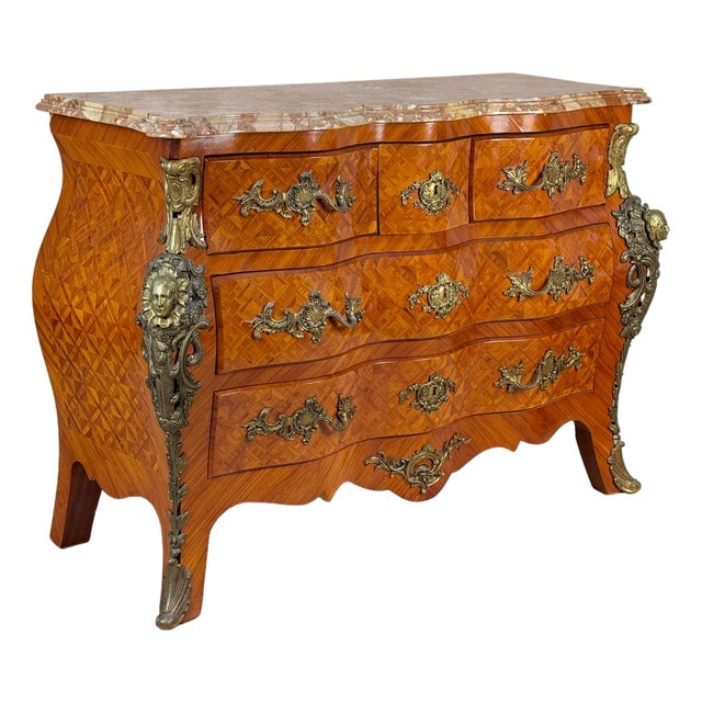 Vintage French Louis XV Marble Top Bombe Commode Dresser Chest of Drawers For Sale
