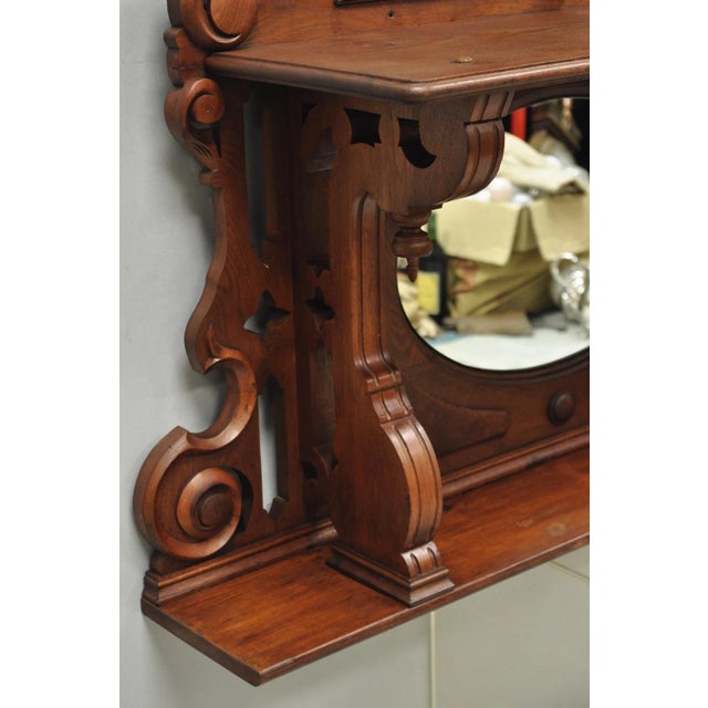 Antique Eastlake Victorian Carved Walnut Oval Mirror Sideboard Backsplash Shelf For Sale - Image 12 of 18