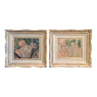 Pair French Louis Icart Lithographs in Carved Painted Frames For Sale