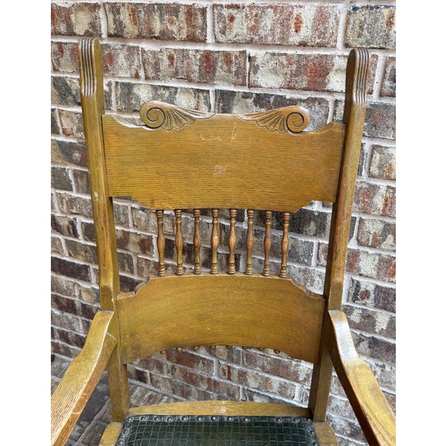 Antique American Oak Armchair With Embossed Leather Seat, Circa 1910s–1920s For Sale - Image 9 of 11