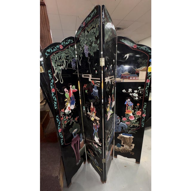 1950s Chinese Coromandel Arched Four-Panel Lacquer Screen Divider Screen For Sale - Image 9 of 14