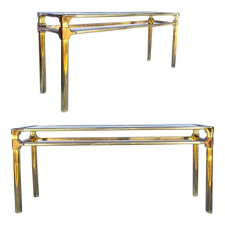 Mid-Century Modern Solid Brass Console Tables With Rounded Corners Att. To Mastercraft -Pair For Sale