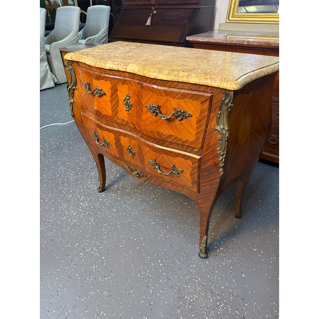 Antique French Louis XV marble top commode with incredible intricate patterned inlay veneer in drawers, face and sides....