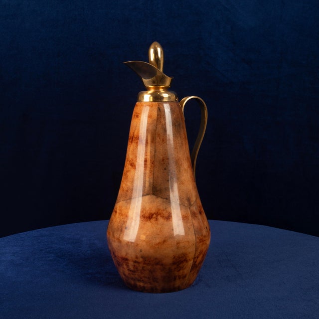 Tobacco-Coloured Parchment and Brass Thermos by Macabo of Cusano Milanino, Italy 1950 For Sale - Image 4 of 17