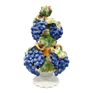 Vintage Italian Style Majolica Blue Grapes Fruit Topiary – Hand Painted Ceramic Centerpiece For Sale