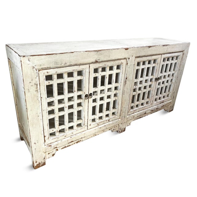 Vintage Worn White Lattice Door Sideboard Credenza For Sale - Image 4 of 8