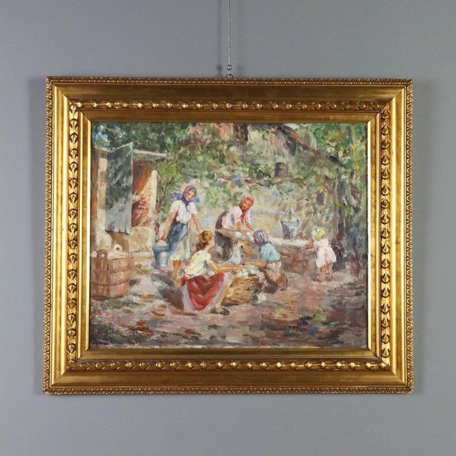 Elena Bagnati, Scene with Women at the Washhouse, Oil Painting on Canvas, Framed For Sale - Image 12 of 12