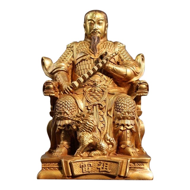 Late 19th Century Gilt Bronze Zhenwu Emperor Statue, Taoist Deity, 1.69kg For Sale