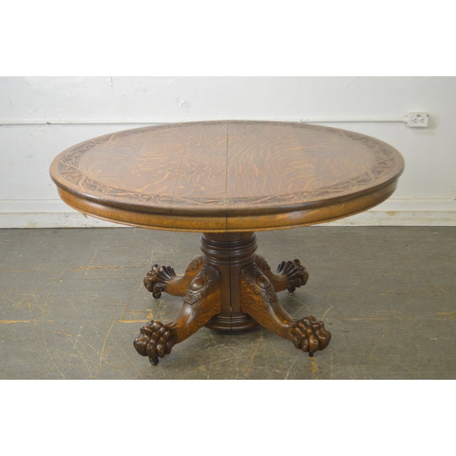 Hastings Antique Tiger Oak 54 Round Carved Claw Foot Dining Table
