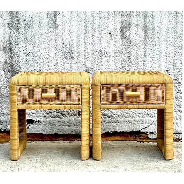 Vintage Coastal Woven Rattan Nightstands - a Pair For Sale - Image 13 of 16