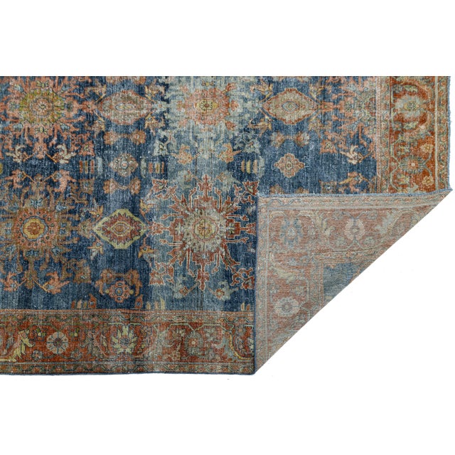 Traditional Antique Mahal Rug With Distressed Indigo Blue and Terracotta Field For Sale - Image 3 of 11