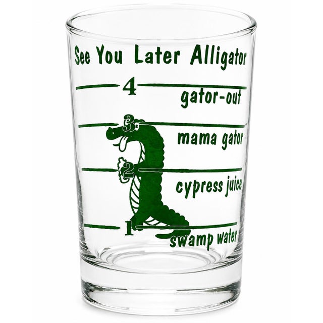 Details: -Vintage "See You Later Alligator" bar glass -Features a green alligator and humorous gator-themed drink...