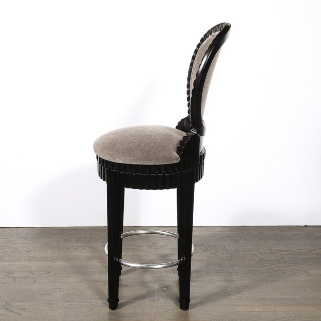 Art Deco Style Scalloped & Fluted Detailed Ebonized Walnut Swiveling Barstools For Sale - Image 11 of 18