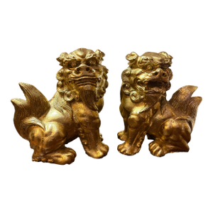 Pair of Chinoiserie Gold Gilt Foo Dog Accents or Bookends by Sadek. Great for Palm Beach Regency or Feng Shui Decor - See Pics!