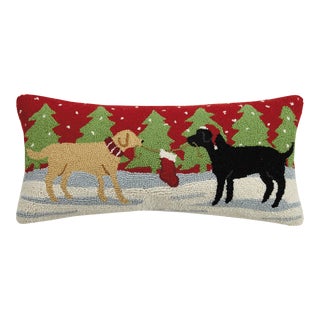 Playful Christmas Dogs Hook Pillow 12" x 26" For Sale