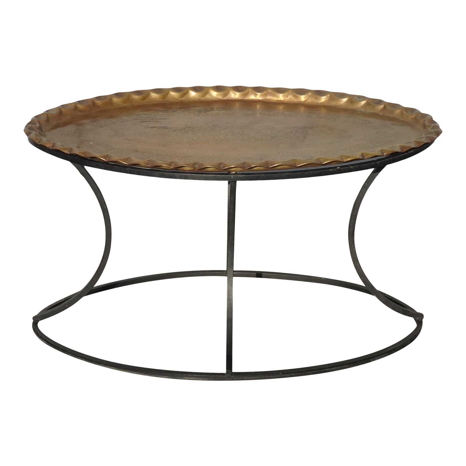 Vintage Mid Century Modern Scalloped Brass Tray Coffee Table W Wrought