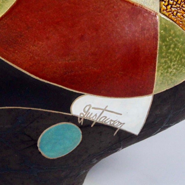 "Winter Wind" by Michael Gustavson, Raku Ceramic Vessel, Deep Black Ground With Green Teal and Red Glaze, Contemporary California Art, Vibrant Colors For Sale - Image 4 of 7