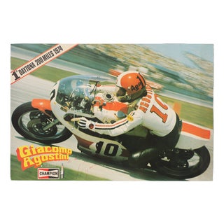 Hand-Signed Champion Advertising Poster of Daytona 200 Winner Giacomo Agostini, 1974 For Sale