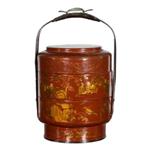 Early 20th Century Chinese 3-Tiered Red Lacquer & Gilt Lunch Basket