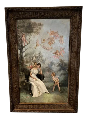 19th Century Angels With a Lady Signed Oil on Canvas Painting, Framed
