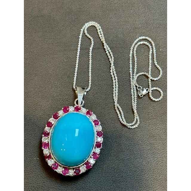 GIA Certified 105 Ct Natural Oval Turquoise, Ruby & Diamond Pendant, Sleeping B For Sale - Image 10 of 18