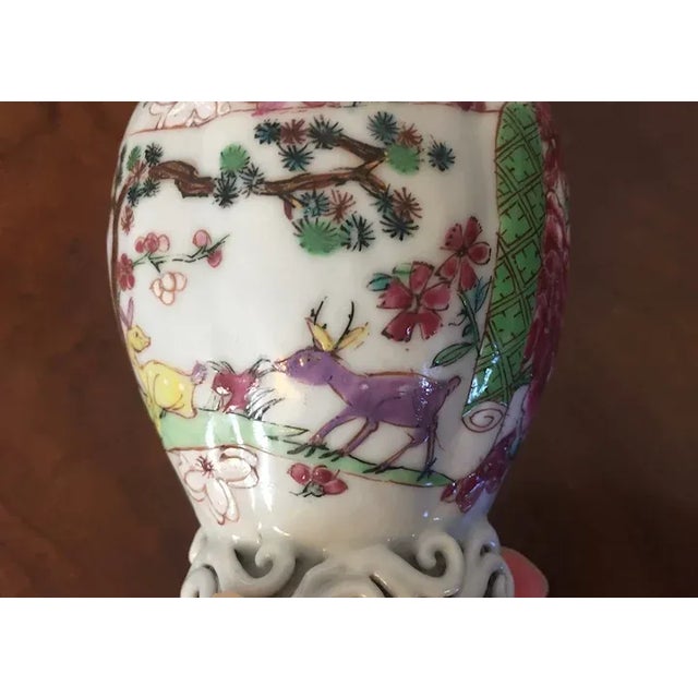 Antique 18th Century Chinese Export Porcelain Tea Caddies Decorated with Rooster and Deer in Famille Rose - A Pair For Sale - Image 11 of 13