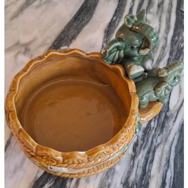 Ceramic Vintage Elephant Motif Majolica Style Planter For Sale - Image 7 of 10