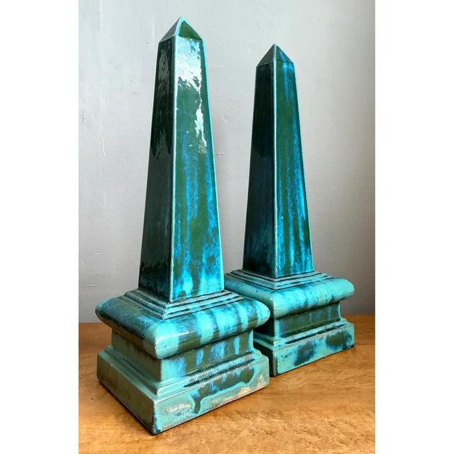 Hollywood Regency Vintage Blue Glazed Ceramic Obelisks For Sale - Image 3 of 12