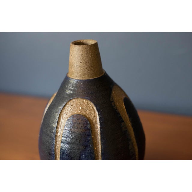 Ceramic Vintage Sculptural Decorative Blue Stoneware Ceramic Pottery Bud Vase For Sale - Image 7 of 9