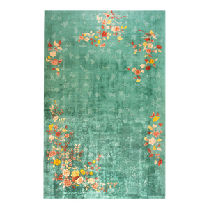 Surprising Green Background Color With Lovely Roses in a Floral Design Antique Chinese Art Deco Rug