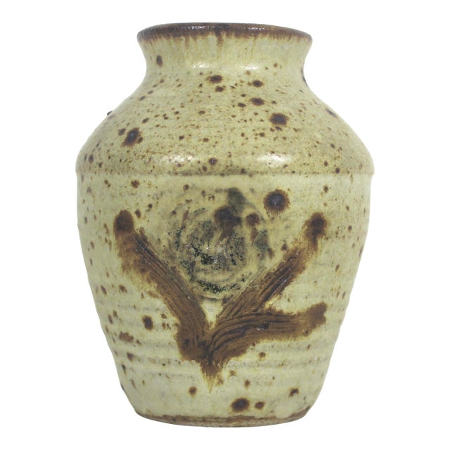 Vintage Signed Speckled Studio Pottery Stoneware Vase For Sale