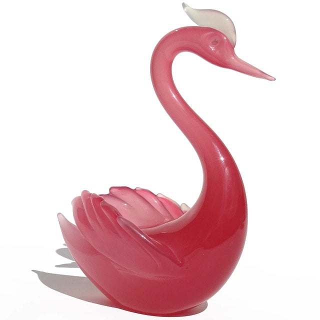 Murano Murano Seguso Vintage Opalescent Dark Pink White Italian Art Glass Swan Bird Sculpture Figure For Sale - Image 4 of 8