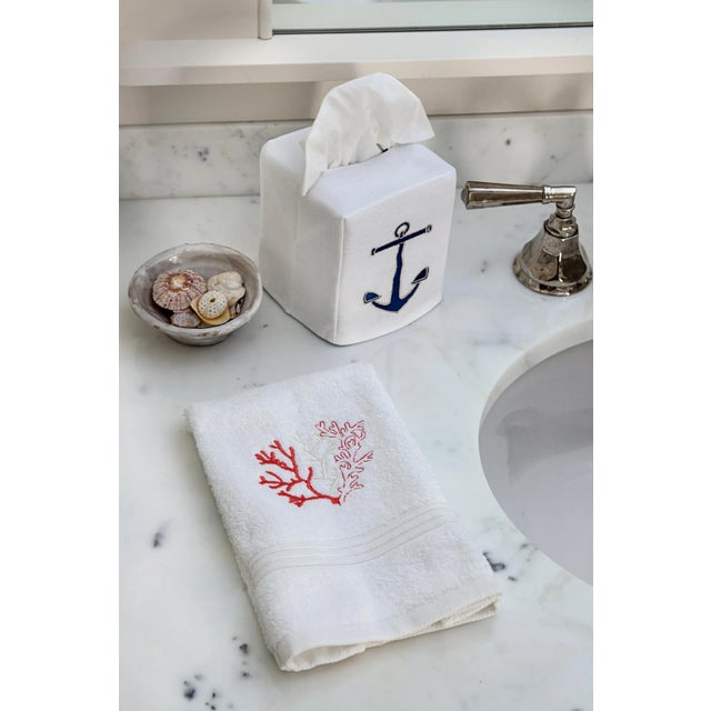 Blue Coral Guest Towelin White Terry, Embroidered For Sale In Boston - Image 6 of 6