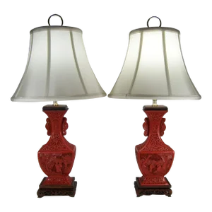 Antique Chinese Red Cinnabar Lacquer Vase Table Lamps With Shades - a Pair