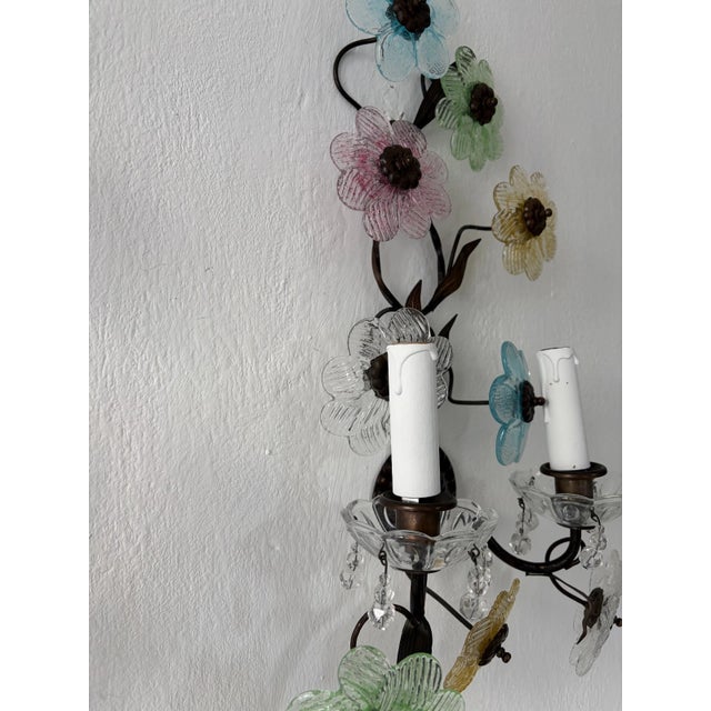 Italian Long Pastel Murano Glass Flowers Dark Bronze Sconces, Circa 1930 For Sale - Image 10 of 13