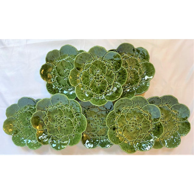 1980s Vintage Majolica Cabbage Ware Geranium Plates - Set of 8 For Sale - Image 5 of 10