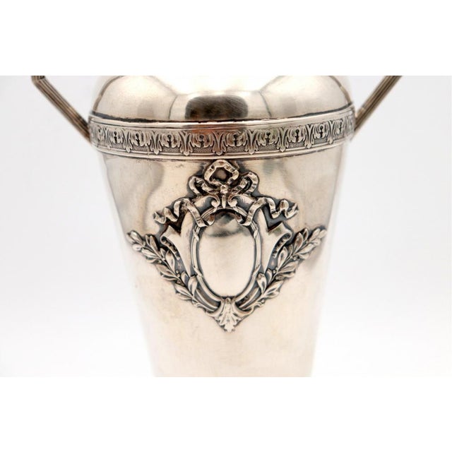 Silver Vase with Reliefs, Monogram Card with Two Beaded Handles and Circular Base., in Good conditions.