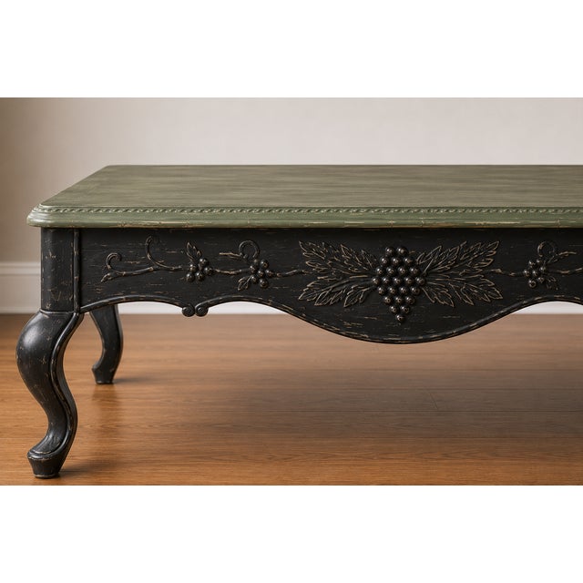 French Provincial Vintage French Provincial Black & Olive Green Carved Coffee Table With Grape Motif For Sale - Image 3 of 4