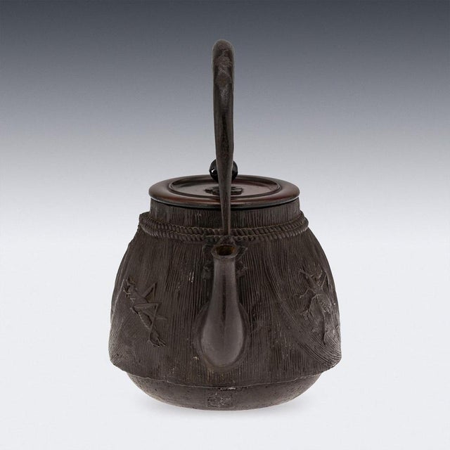 Antique Japanese Carved Cast Iron Ryubundoa Tetsubin Kettle, 19th Century For Sale - Image 6 of 18