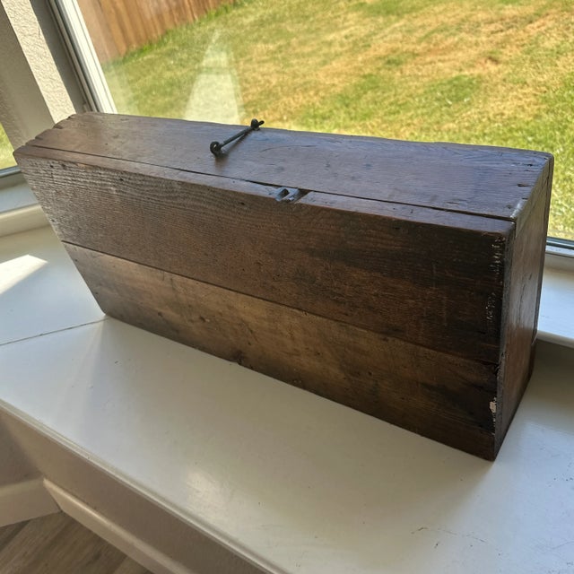 Stately Antique Wooden Box With Forged Iron Hinges – Solid 1″ Walls For Sale - Image 10 of 12