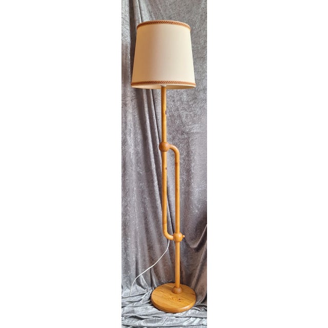 Vintage Swedish Adjustable Floor Lamp with Pine Wood Base and Fabric Shade, 1970s For Sale - Image 6 of 8