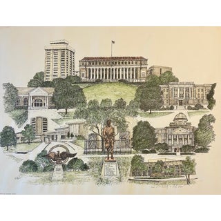 1980s Texas a & M University Campus Print by Liz Bryant – Hand-Colored Architectural Illustration For Sale