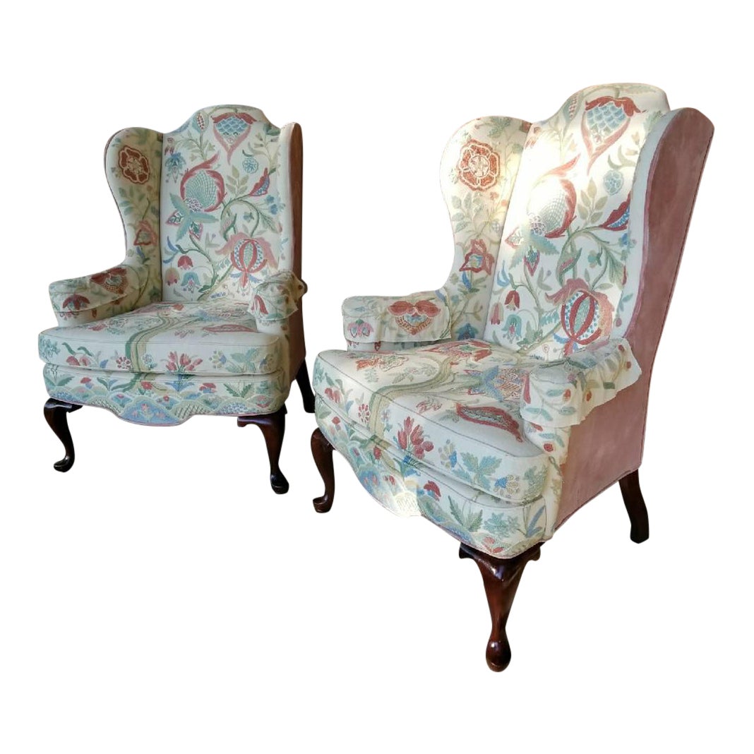 Vintage Woodmark Original Embroidered Wingback Chairs A Pair Chairish