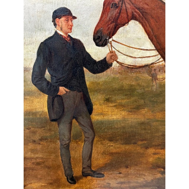 Wood 19th Century Oil Painting Victorian Bay Hunter Horse With Groom at French Fair Dated 1863 For Sale - Image 7 of 12