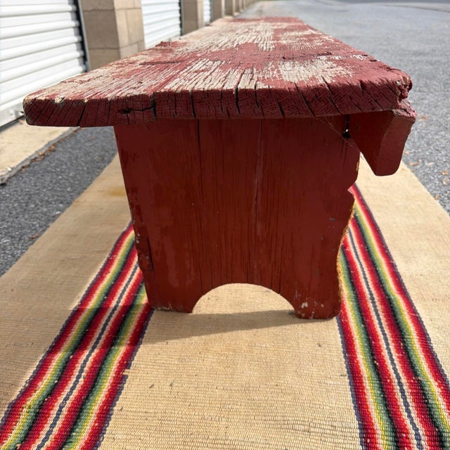 Antique Pennsylvania Mortised Bench in Old Red Paint, Lancaster County, Circa 1860s For Sale - Image 14 of 18
