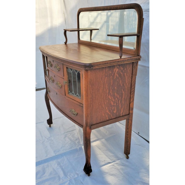Victorian Tiger Oak Server Sideboard With Leaded Glass Doors & Claw