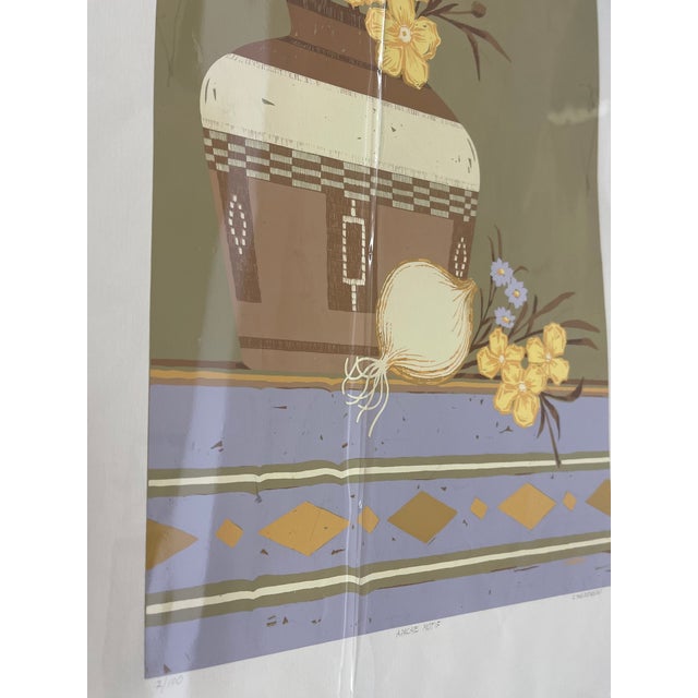 Printmaking Materials Late 20th Century Apache Motif" Limited Edition Serigraph Print by C. Sanderson - Southwestern Still Life With Yellow Flowers and Pottery Vase For Sale - Image 7 of 11