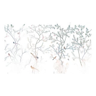 Chinoiserie Style Hand-Painted Wallpaper, Turquoise Floral & Bird Mural, Wall Panels for Living Spaces For Sale
