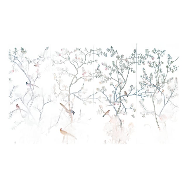 Chinoiserie Style Hand-Painted Wallpaper, Turquoise Floral & Bird Mural, Wall Panels for Living Spaces For Sale