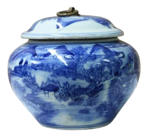 Chinese Oriental Blue Off White Porcelain Round Container Urn